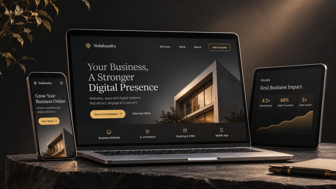 Laptop, phone, and tablet showing a dark Veda Foundry business website with a gold call-to-action