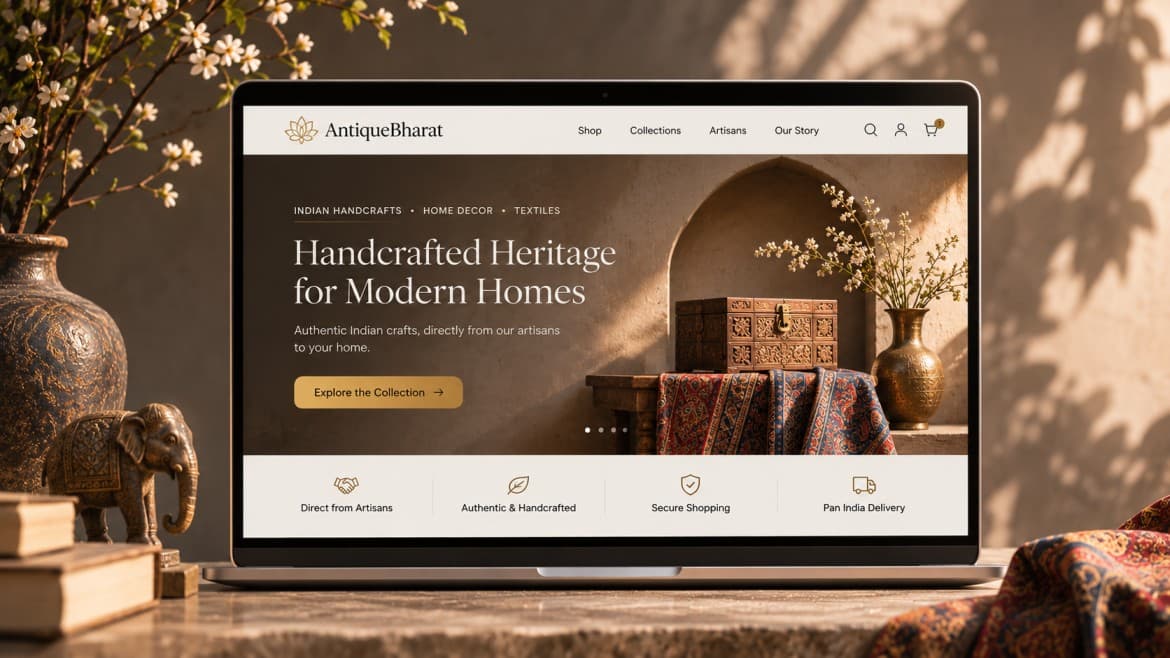 Laptop on a styled desk showing a premium Antique Bharat storefront for handcrafted Indian home goods