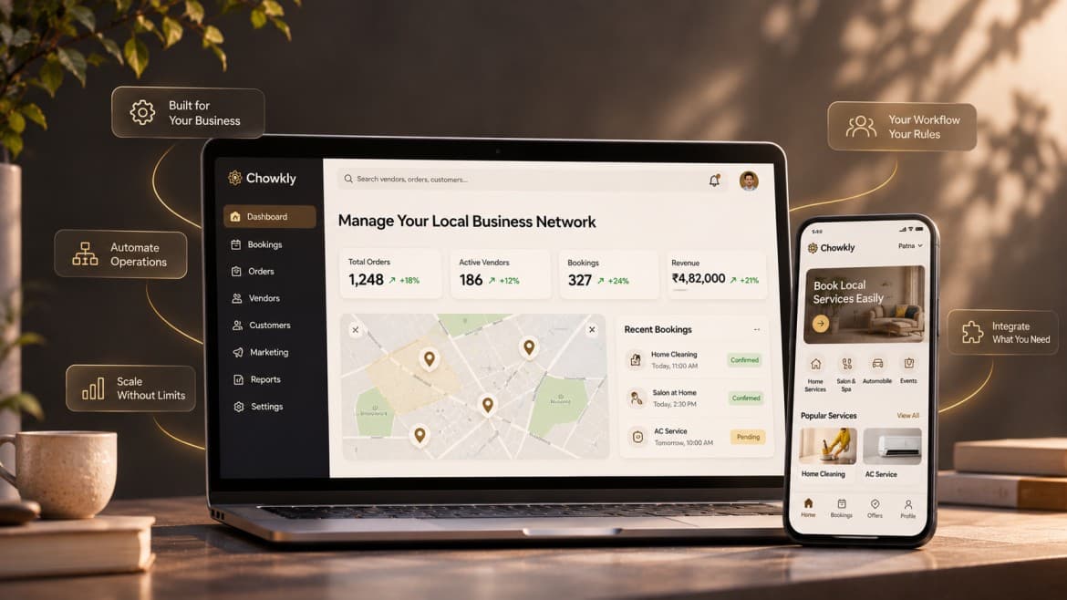 Laptop and phone showing a custom business platform dashboard for vendors, bookings, and operations