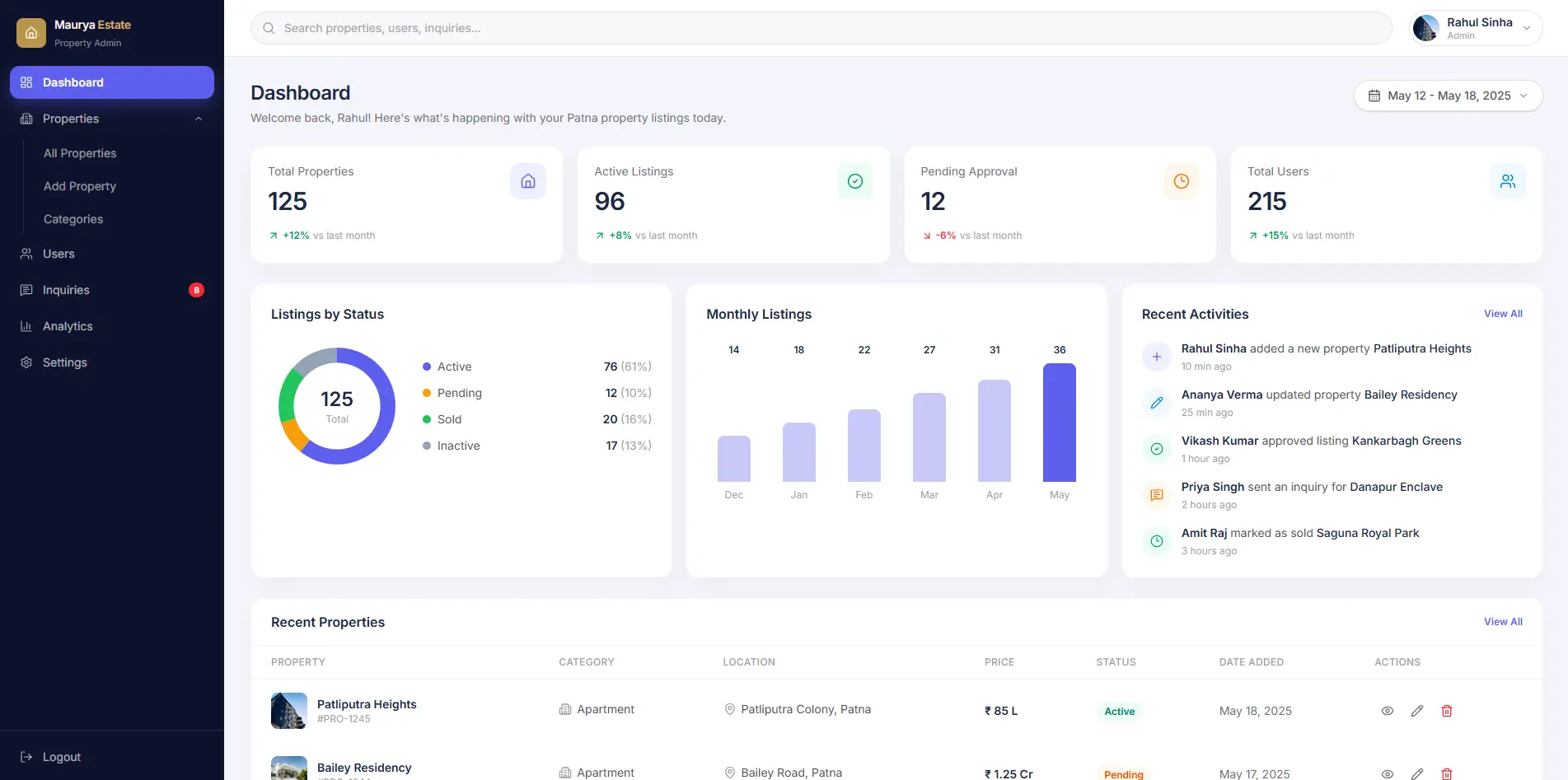 Property listing platform with searchable catalog, project pages, and direct enquiries